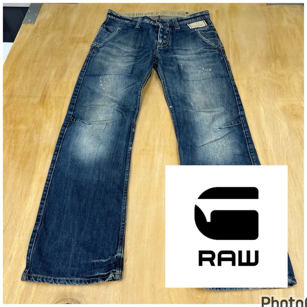 G-Star Blue Slim Straight Jeans with Distressed Details